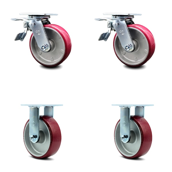6 Inch Poly on Aluminum Caster Set with Roller Bearings 2 Brakes 2 Rigid SCC